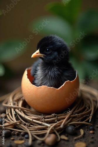 A single black chick hatching from an eggshell on a nest, bird, motherhood, brooding photo