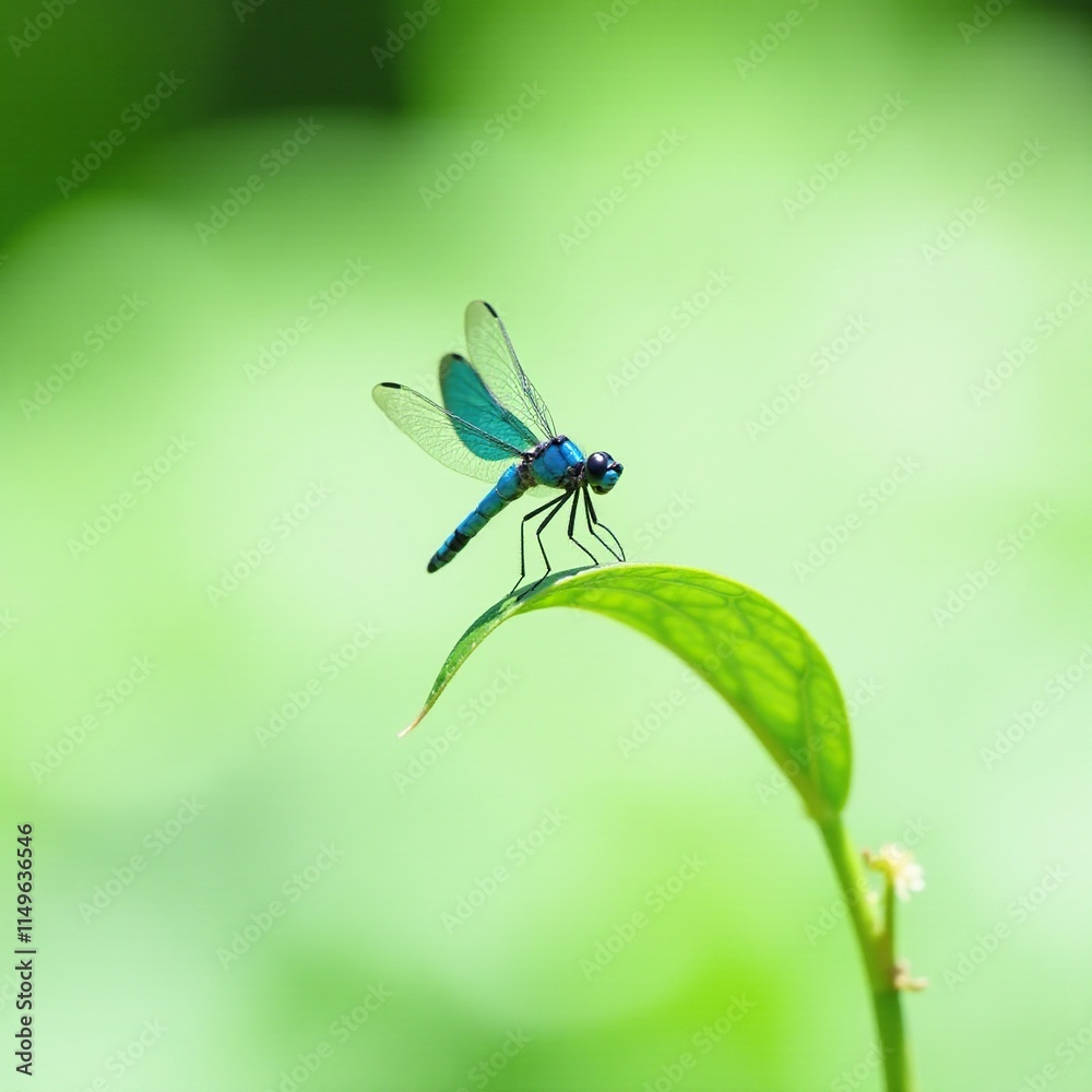 Blue dragonfly flying above a small green leaf, insect behavior, color photography, nature Blue dragonfly flying above a small green leaf, insect behavior, color photography, nature