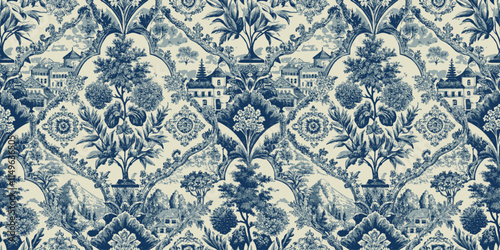 Elegant blue and white floral pattern with intricate landscape details.