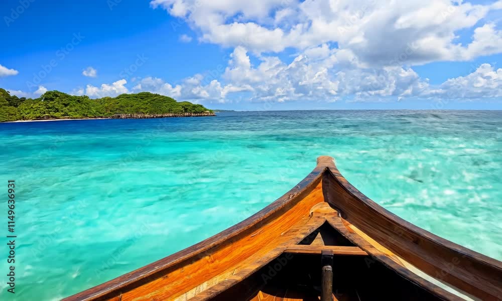 Rustic wooden boat on ocean or sea sand beach, azure water and blue sky with clouds background, Tropical summer vacation shore or coast Rustic wooden boat on ocean or sea sand beach, azure water and blue sky with clouds background, Tropical summer vacation shore or coast