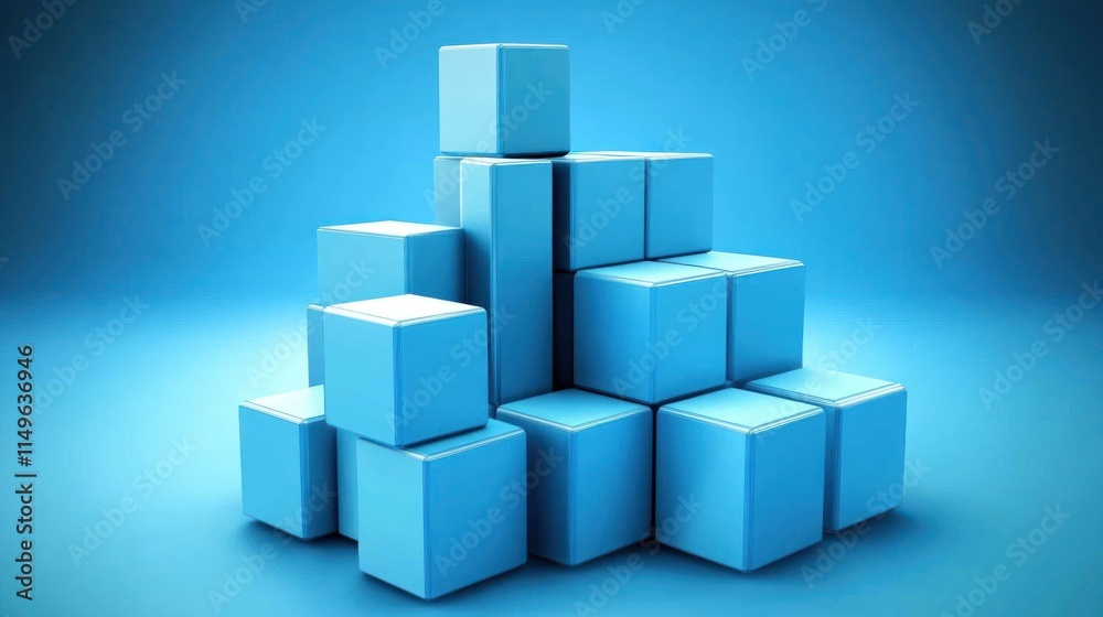 Abstract blue cubes stacked in a pyramid shape on a blue background. Abstract blue cubes stacked in a pyramid shape on a blue background.