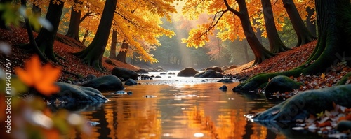 Glistening forest stream reflecting the warm tones of golden maple leaves, reflective water, leafy trees, forest creek photo