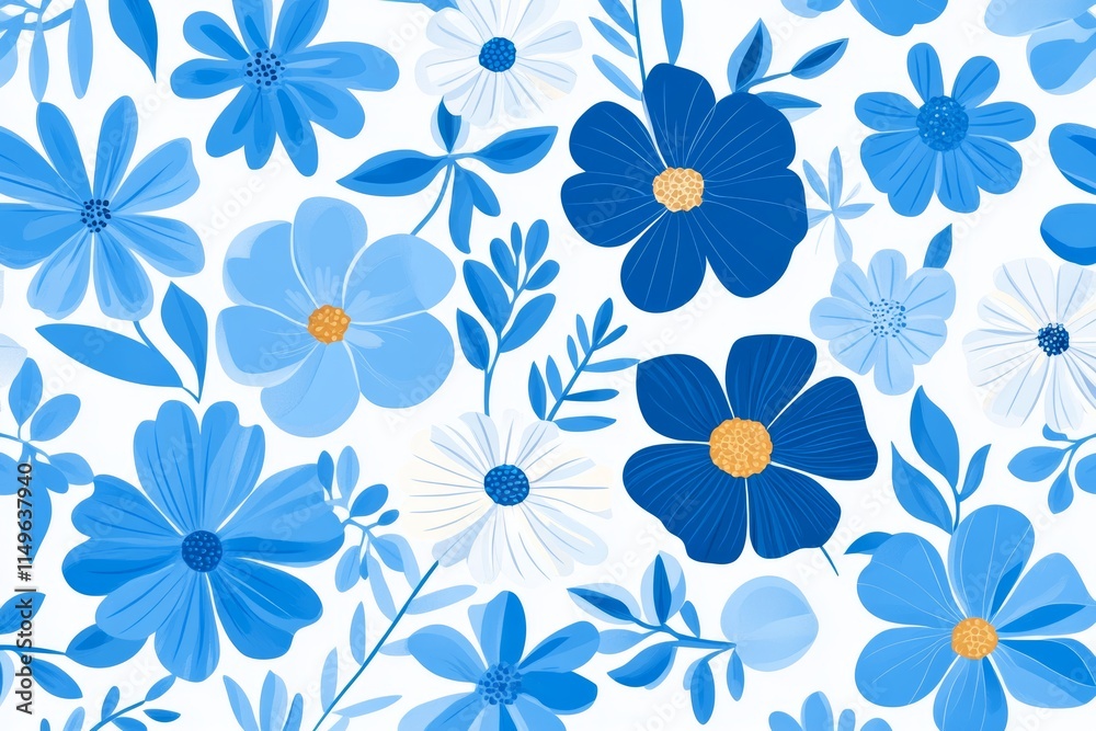 Fototapeta premium Elegant blue floral seamless pattern on white background for textile design and crafts