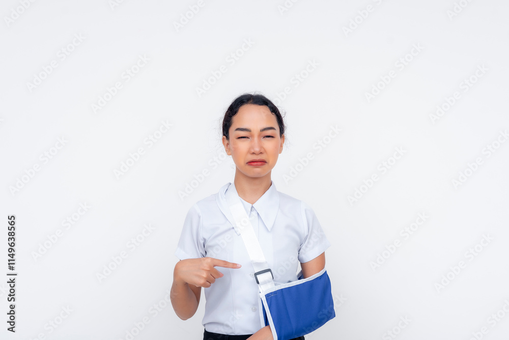 Young woman wearing an arm sling, expressing pain, isolated against white background