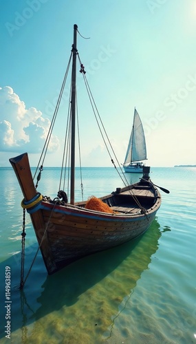 Old wooden boat with Chinese fishing net and sailboat in the distance, Indian ocean, nautical theme, Kerala photo