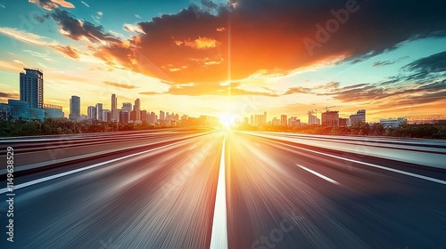 A scenic view of a road leading towards a vibrant sunset, with a city skyline in the background.