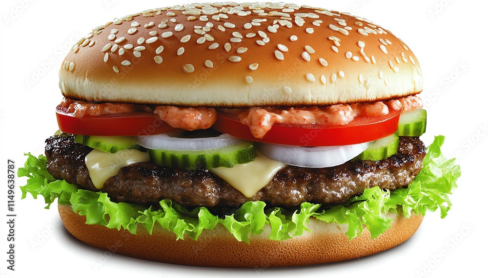 A tempting cheeseburger loaded with melted cheese, onions, lettuce, cucumbers, tomatoes, and a rich sauce, all on a fresh bun A tempting cheeseburger loaded with melted cheese, onions, lettuce, cucumbers, tomatoes, and a rich sauce, all on a fresh bun