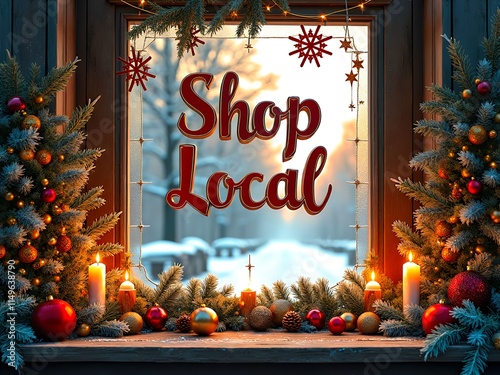 Storefront with Shop Local sign, festive decorations