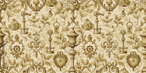 Intricate vintage floral wallpaper design featuring ornate motifs in sepia tones.