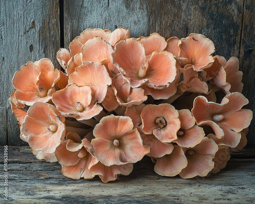 A vibrant cluster of maitake mushrooms Grifola frondosa with their unique, fanlike fronds, set against a rustic woodland backdrop photo