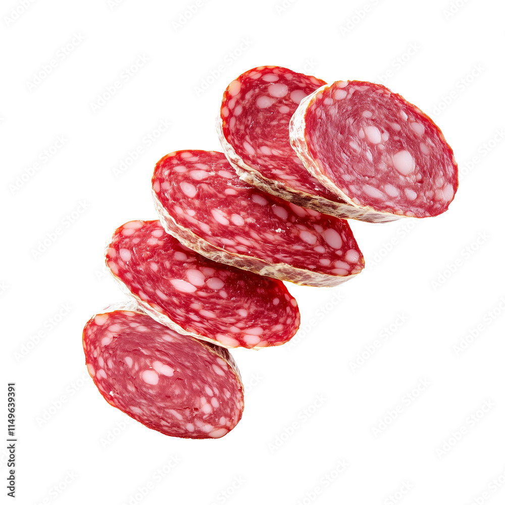 Close-up of Saucisson Sec slices isolated on white transparent background. Concept of fresh deli meat and gourmet food. Close-up of Saucisson Sec slices isolated on white transparent background. Concept of fresh deli meat and gourmet food.