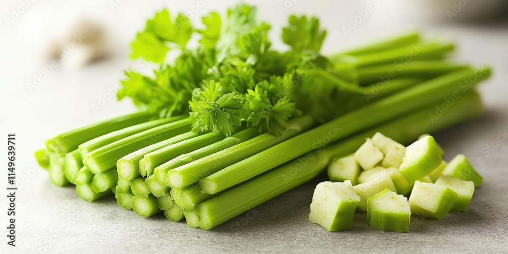 Fresh green celery stalks and chopped pieces on light background Fresh green celery stalks and chopped pieces on light background