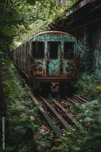 Abandoned train surrounded by lush greenery in a forgotten railway photo