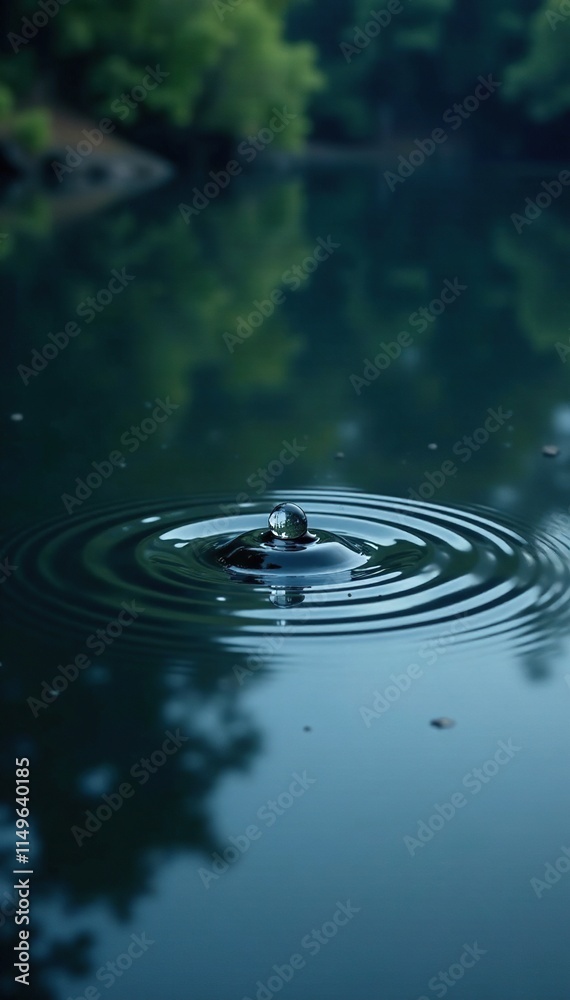 A single raindrop on the surface of a dark and still lake, glassy, reflection, lake A single raindrop on the surface of a dark and still lake, glassy, reflection, lake