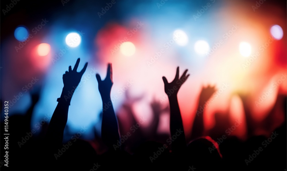 Crowd enjoying a live performance with raised hands and colorful lights. Crowd enjoying a live performance with raised hands and colorful lights.