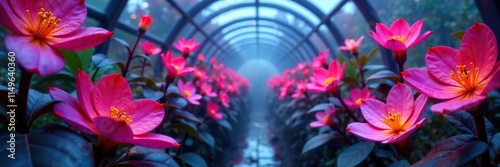 Blooming abstract botanicals with neon purple accents in a futuristic greenhouse, glow, futuristic, plants photo