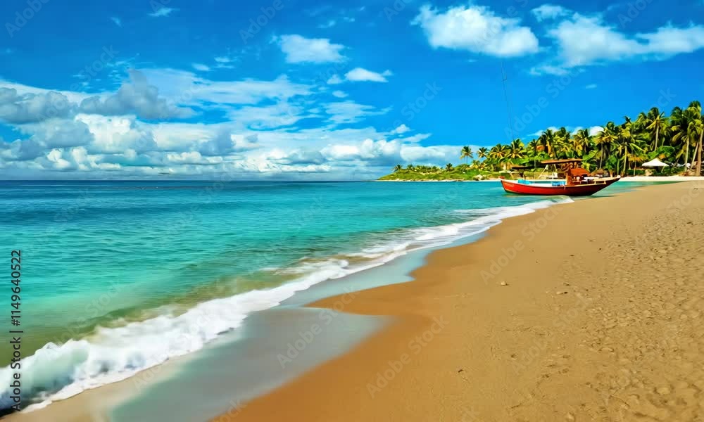 Rustic wooden boat on ocean or sea sand beach, azure water and blue sky with clouds background, Tropical summer vacation shore or coast Rustic wooden boat on ocean or sea sand beach, azure water and blue sky with clouds background, Tropical summer vacation shore or coast