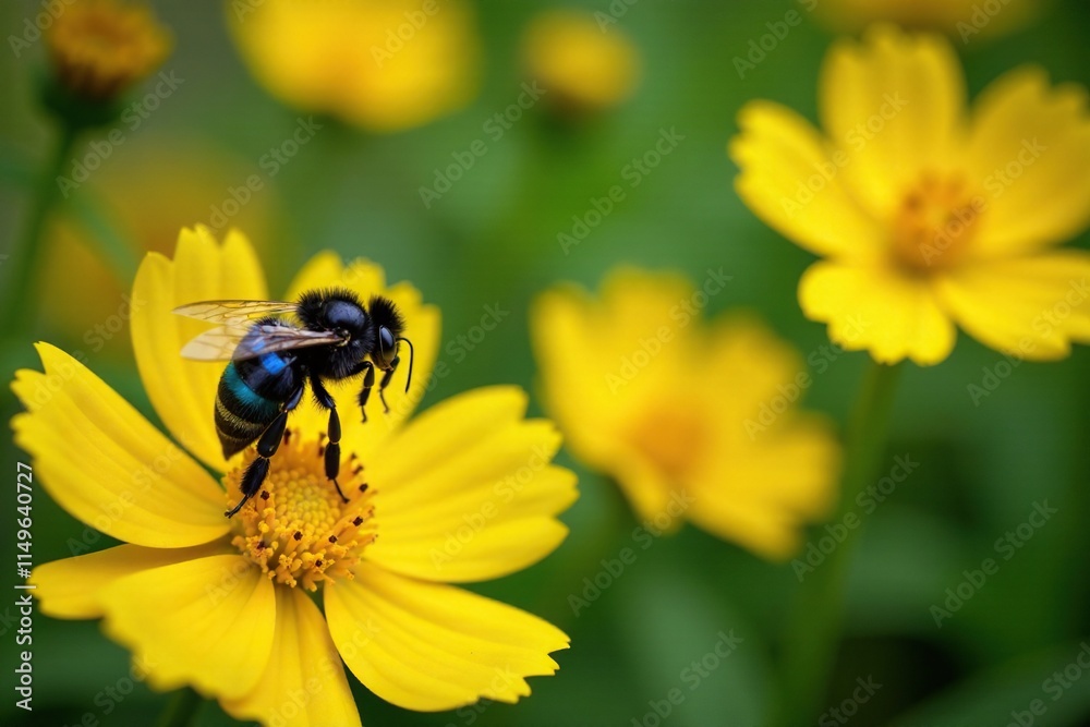 Dark bee with blue band on thorax approaches bright yellow flowers in a garden, insects, garden Dark bee with blue band on thorax approaches bright yellow flowers in a garden, insects, garden
