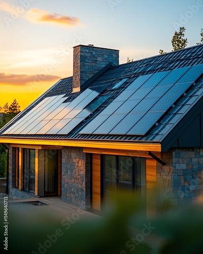 Wallpaper Mural A closeup of a house roof with solar panels, efficiently positioned to maximize sunlight absorption, with a clear sky in the background Torontodigital.ca