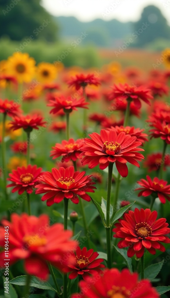 Field of red chrysanthemum flowers in full bloom with sunflowers and wildflowers, wildflower, chrysanthemum Field of red chrysanthemum flowers in full bloom with sunflowers and wildflowers, wildflower, chrysanthemum
