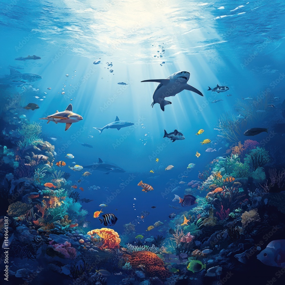 Fototapeta premium Underwater scene with sharks, coral reef, and various fish swimming in sunlit ocean.