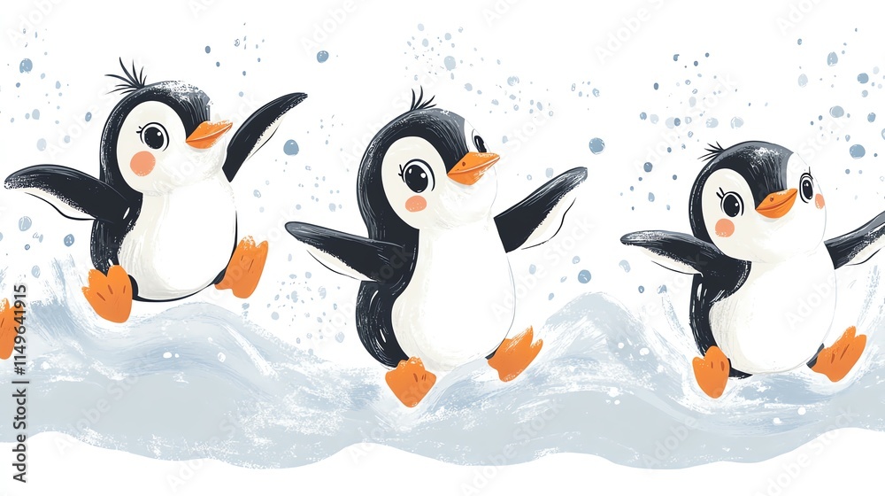 Obraz premium A seamless pattern of three cute cartoon penguins waddling on ice with a white background.