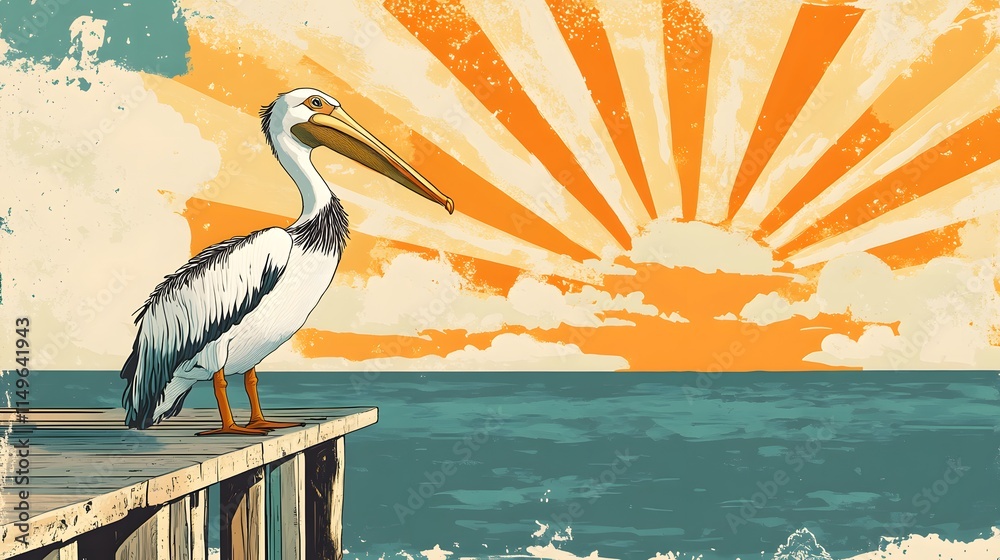 Fototapeta premium Pelican on Wooden Dock at Sunrise Over Ocean