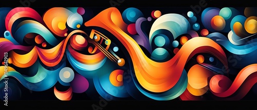 A dynamic and colorful abstract jazz music background, with rhythmically flowing shapes and energetic tones reflecting the jazz genre photo