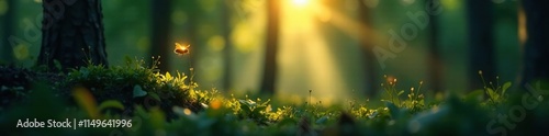 Light beam from a tiny firefly amidst tree foliage, bokeh, woodland photo