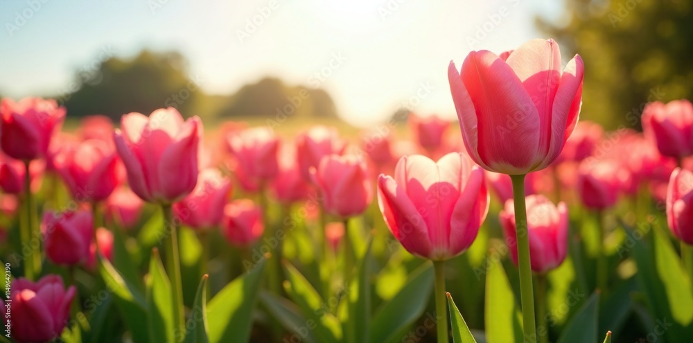 Pink tulips blooming in a sunlit field with wildflowers, natural, bright, sunflowerfield Pink tulips blooming in a sunlit field with wildflowers, natural, bright, sunflowerfield