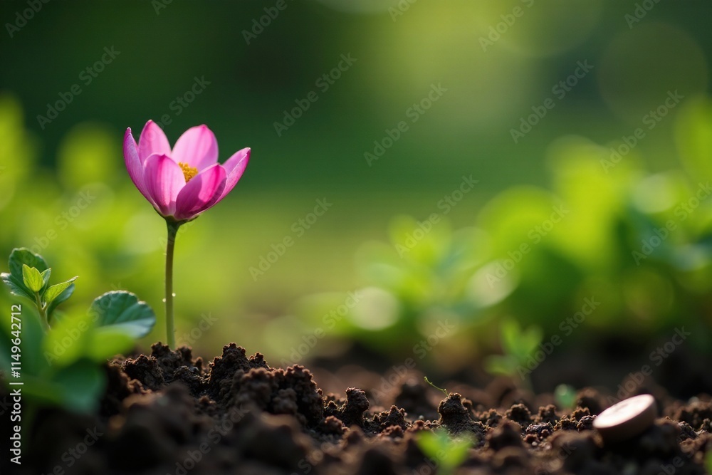 Small pink flower peeking out from beneath weeds, earthy tones, garden chaos Small pink flower peeking out from beneath weeds, earthy tones, garden chaos