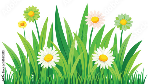 Green grass with flower frame. Spring grass and daisy border isolated.