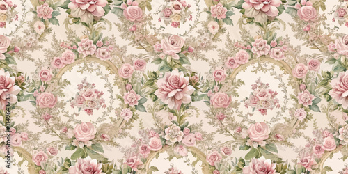 Elegant floral pattern featuring soft pink roses and delicate greenery.