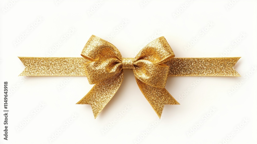 Shiny Gold Ribbon Bow with Sparkling Glitter on White Background Shiny Gold Ribbon Bow with Sparkling Glitter on White Background