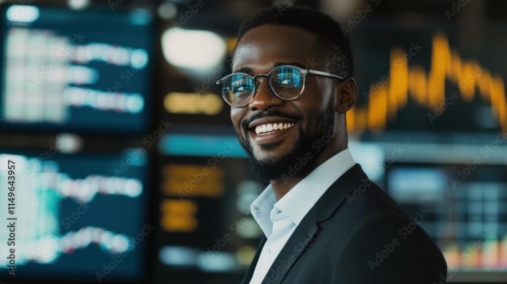 Black male stock trader, currency exchange, crypto currency, investor, copy space, smiling Black male stock trader, currency exchange, crypto currency, investor, copy space, smiling
