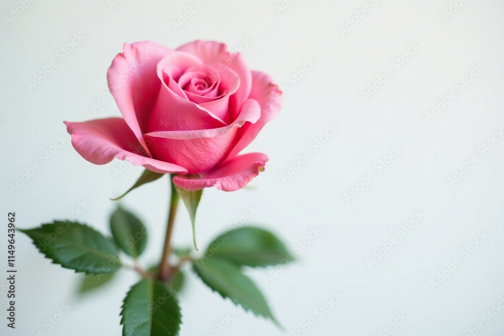A single blooming pink fresh rose against a white background, floral closeup, delicate details A single blooming pink fresh rose against a white background, floral closeup, delicate details