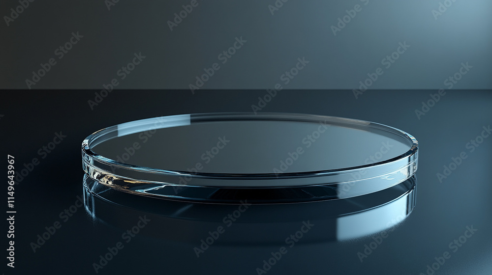 Simple round glass platform reflecting light in a dimly lit environment. Simple round glass platform reflecting light in a dimly lit environment.