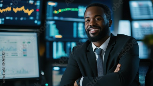 Black male stock trader, currency exchange, crypto currency, investor, copy space, smiling