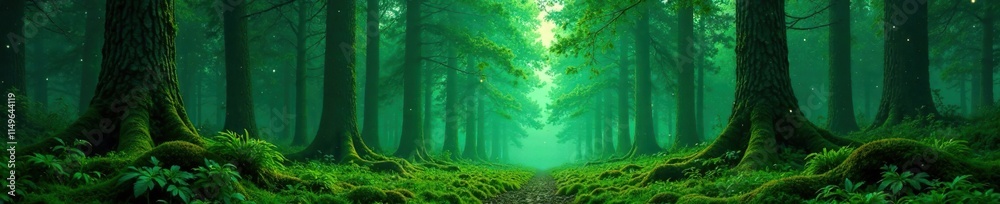 A tranquil forest with tall trees and a soft carpet of moss and ferns under a starry green sky, calm, moss A tranquil forest with tall trees and a soft carpet of moss and ferns under a starry green sky, calm, moss