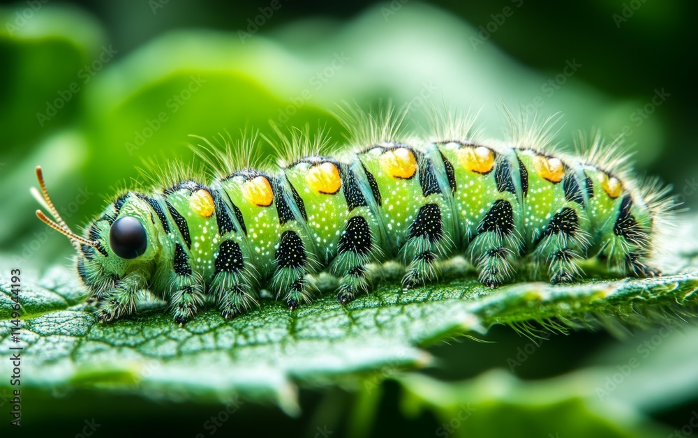 A vibrant green caterpillar with distinctive yellow spots rests on a leaf, showcasing its fuzzy texture against a lush background. A vibrant green caterpillar with distinctive yellow spots rests on a leaf, showcasing its fuzzy texture against a lush background.