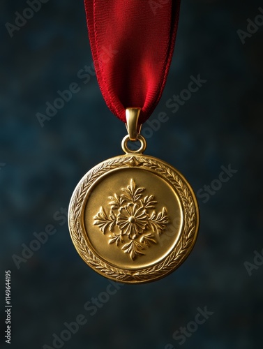 A gold medal with intricate floral designs, suspended from a red ribbon, against a dark background.