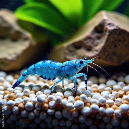 Blue neocaridina shrimp in aqua habitat with decorative plants and rocks, rock decoration, macro photography, water feature photo