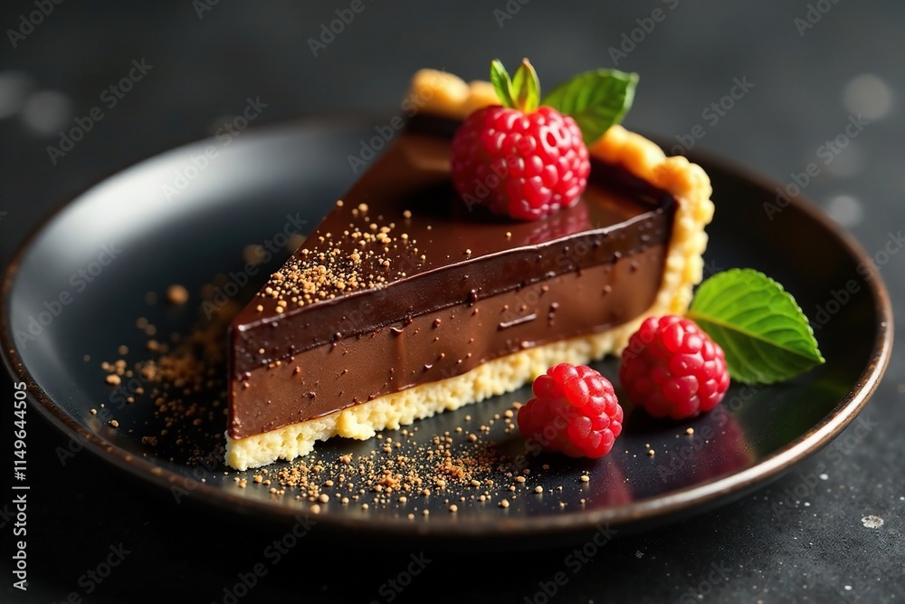 Chocolate tart on a modern black plate with gold accents, gold, sleek Chocolate tart on a modern black plate with gold accents, gold, sleek
