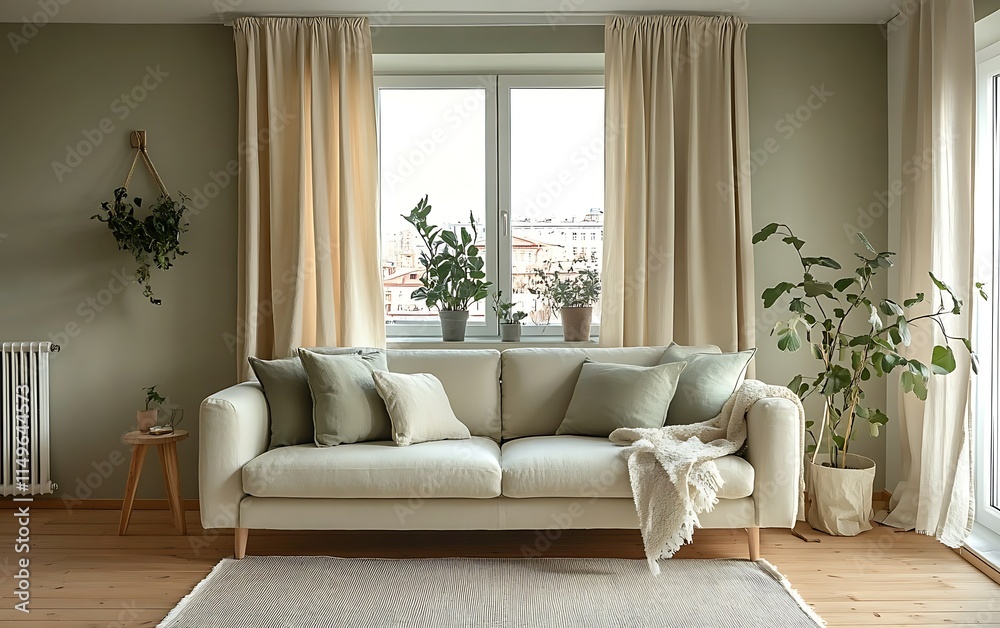 Fototapeta premium Modern living room interior with beige sofa, plants, and large window. (1)