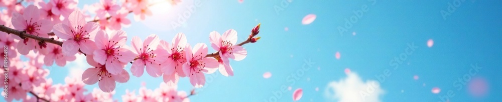 Delicate cherry blossom branches sway gently in the spring breeze, revealing pink flowers against a radiant blue sky , spring, radiant light, petal dance Delicate cherry blossom branches sway gently in the spring breeze, revealing pink flowers against a radiant blue sky , spring, radiant light, petal dance