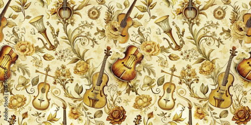 Elegant vintage pattern featuring musical instruments and floral designs.
