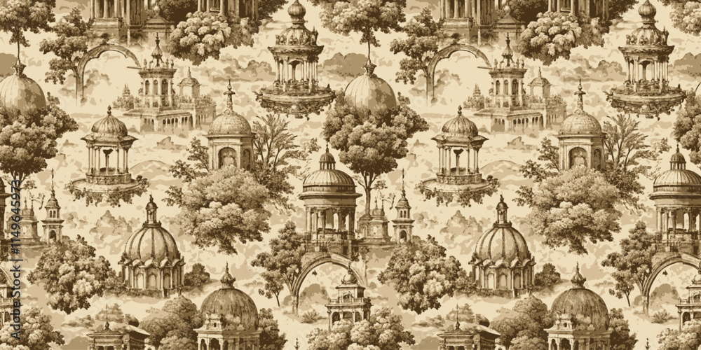 Naklejka premium Intricate vintage patterned wallpaper featuring elegant architectural elements.