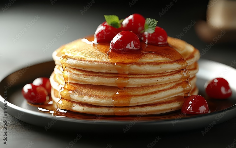 A stack of fluffy pancakes topped with syrup and fresh cherries, served on a dark plate, creating a delicious and inviting breakfast scene. A stack of fluffy pancakes topped with syrup and fresh cherries, served on a dark plate, creating a delicious and inviting breakfast scene.