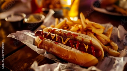 Hot dog served with fries and beer in a casual dining setting, professional food photography showcasing a delectable meal composition. photo