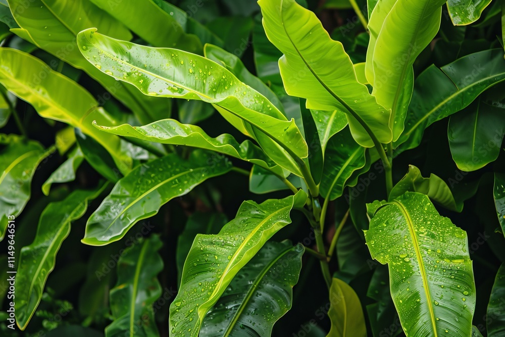 Obraz premium Vibrant green leaves glistening with fresh rain drops in lush tropical setting